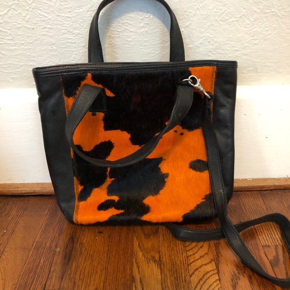Vintage mohair/leather purse with orange cow print