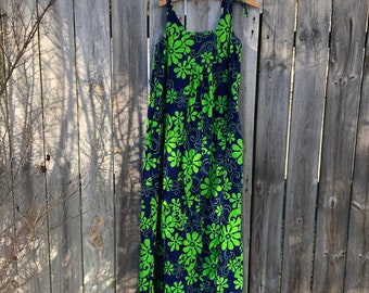 Vintage Neon Floral Tent Dress: Handmade Hippie Sundress with Pockets
