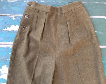 Vintage 1930s/40s Military Wool Trousers: Women's Olive Drab Pants
