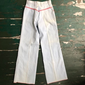 Vintage 1970s Maverick bell bottoms, light wash blue jeans with red piping. Free shipping image 2