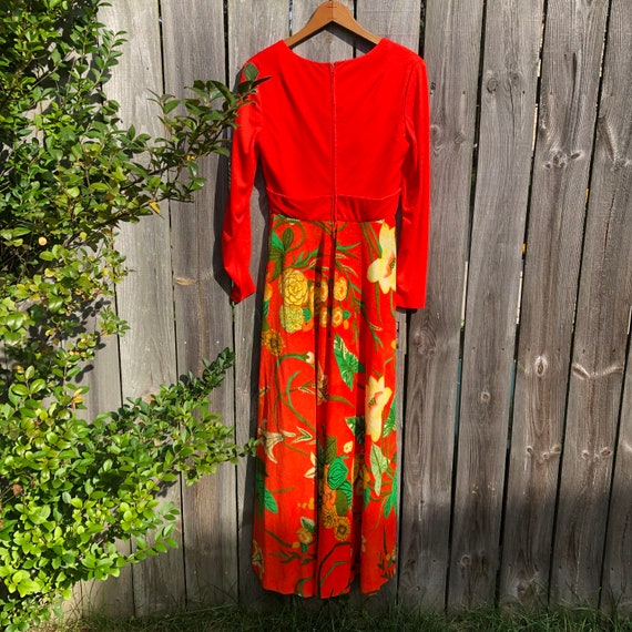 Vintage 60s 70s Red Floral Print Maxi Dress 12