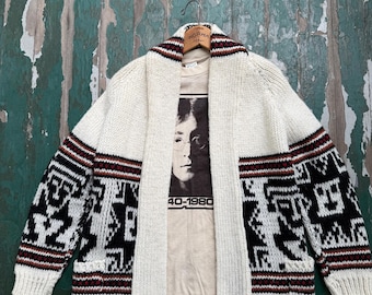 Vintage 60s-70s cowichan cardigan sweater with native motif, thick wool, Yellowstone cardigan Monica Dutton, Marilyn Monroe