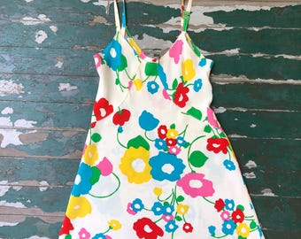vintage 1960s-1970s vibrant floral bias cut mini rayon mod slip dress