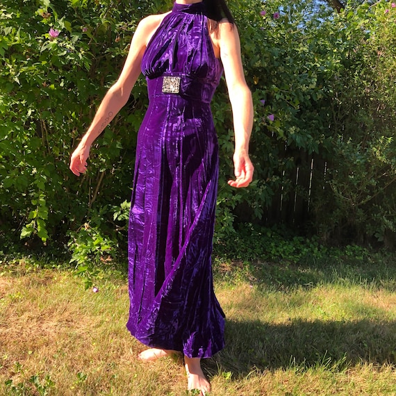 Vintage Purple Velvet Halter Dress with Silver Glam Piece