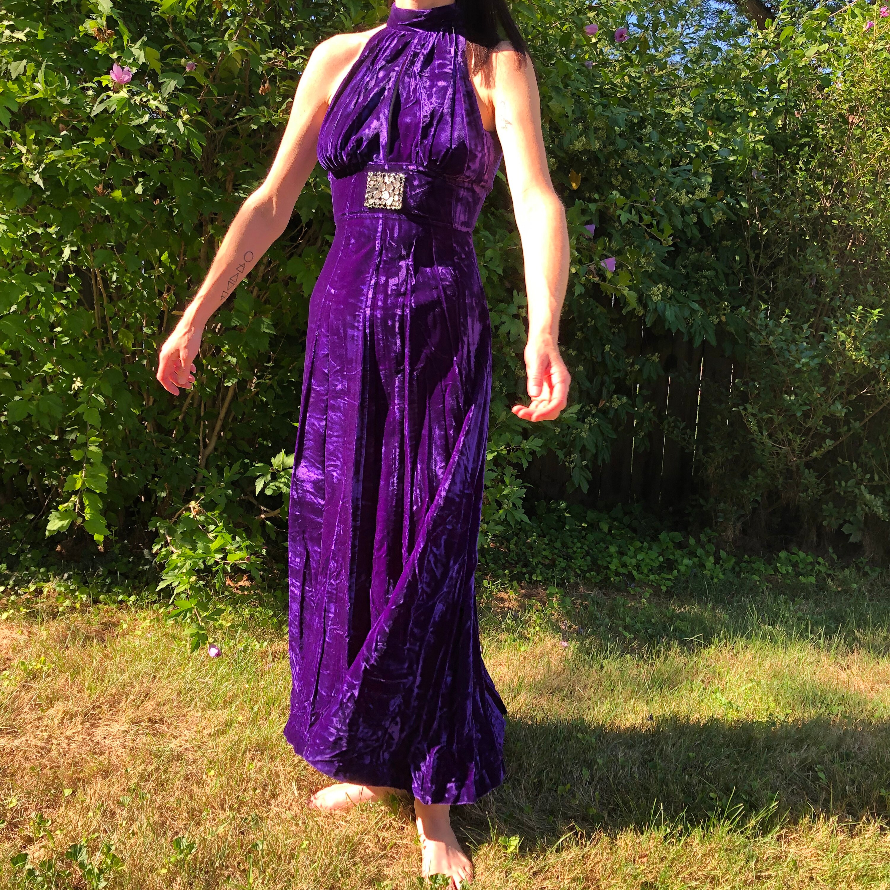 purple velvet dress vintage Vintage 1930's Soft Purple Velvet Art Deco Gown Dress With Cape and Rhinestone Cap, Size Extra Small