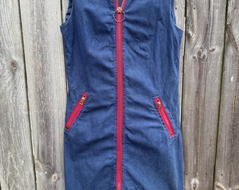Vintage stretch denim dress 1960s-70s bodycon/shift with heavy duty zips and O-ring