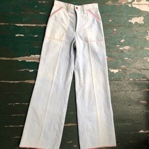 Vintage 1970s Maverick bell bottoms, light wash blue jeans with red piping. Free shipping image 1