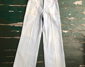 Vintage 1970s Maverick bell bottoms, light wash blue jeans with red piping. Free shipping