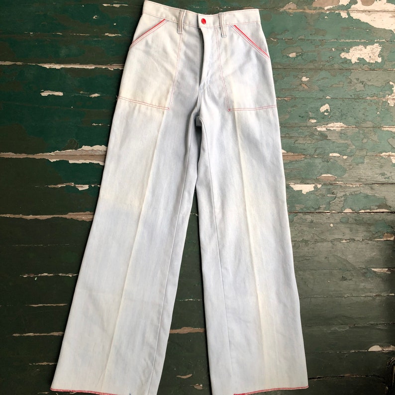 Vintage 1970s Maverick bell bottoms, light wash blue jeans with red piping. Free shipping image 1