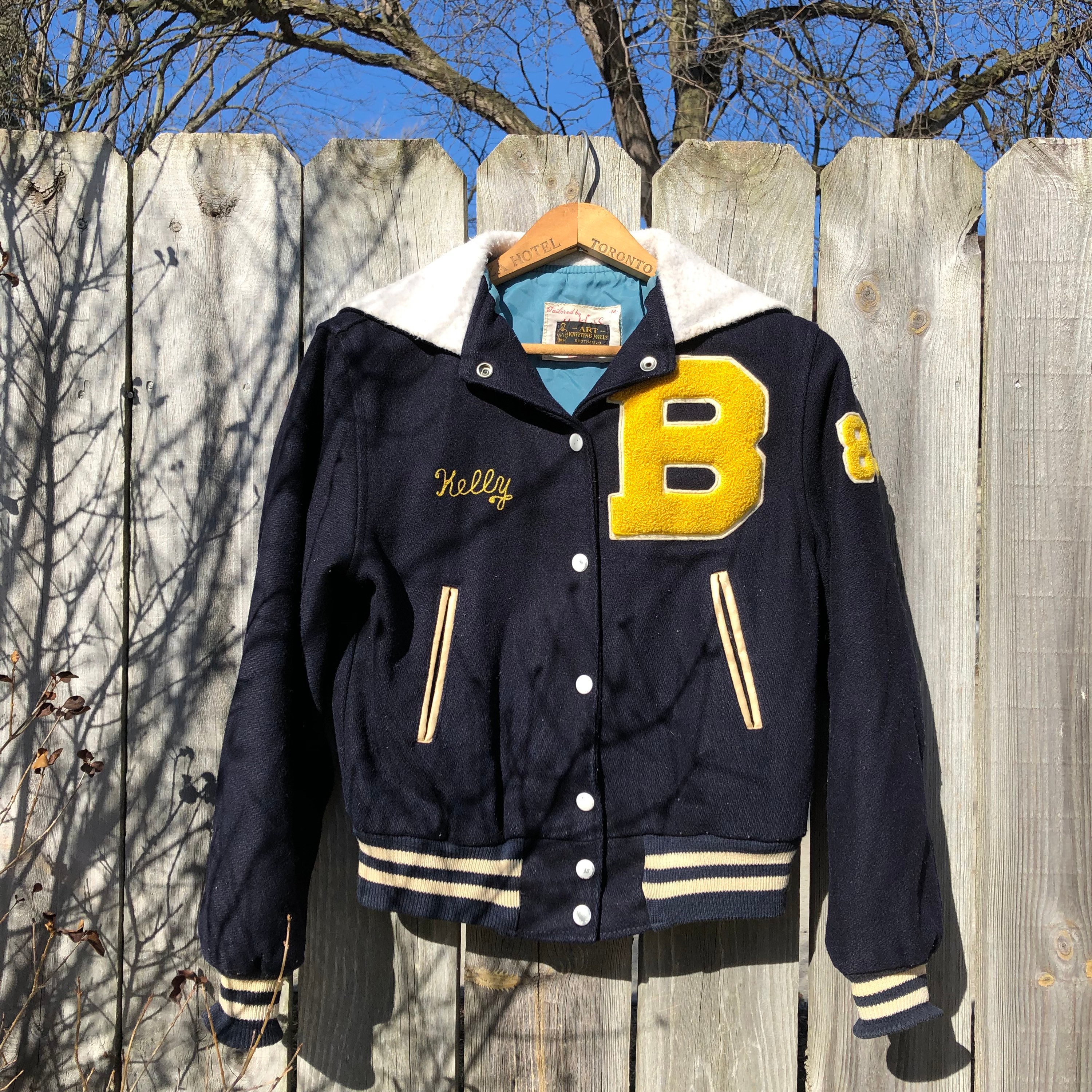 Jacketshop Jacket Navy Blue Wool Gold Leather Varsity Jacket