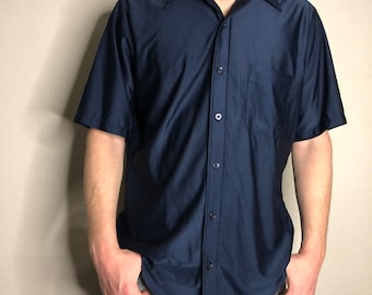 1970s Vintage Royal Knight Nylon Button-Down Shirt: Deep Blue