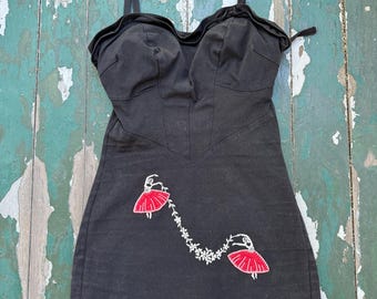 1950s vintage one piece swimsuit with ballet dancer embroidery
