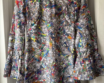 Handmade vintage A-line mini dress with bell sleeves and paint print
