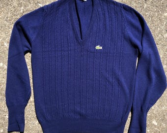 1980s vintage Izod Lacoste navy cable knit v-neck sweater in Medium