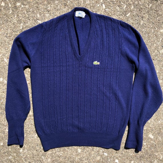 1980s Vintage Izod Lacoste Navy Cable Knit V-neck Sweater in 
