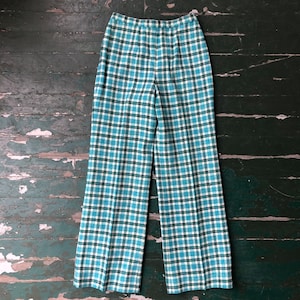 Vintage 1970s blue and green plaid wide leg Pendleton pants.