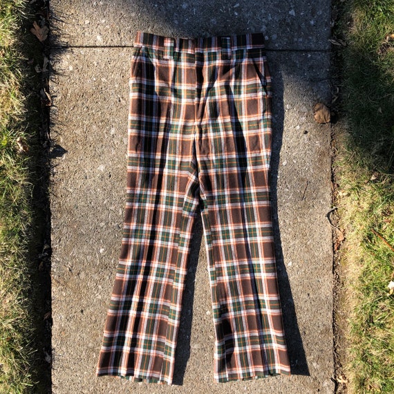 Vintage plaid green and brown grunge 1970s trouse… - image 1