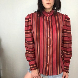 1970s vintage striped ruffle mock neck blouse from Sears. Free shipping