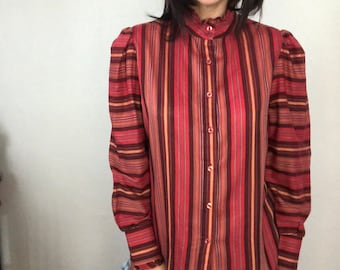 1970s Sears Striped Ruffle Blouse: Vintage Mock Neck Top