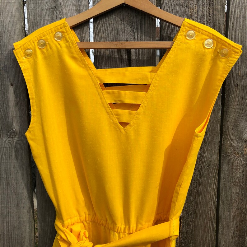 Vintage and handmade cottonlinen bright yellow jumpsuit with cool geometric neckline free shipping