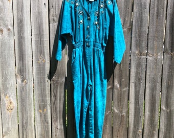 Vintage tie dyed embellished boiler suit in turquoise, free shipping, made in USA