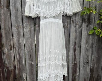 Vintage Edwardian net lace embroidered tiered ruffle white lawn gown