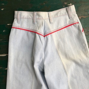 Vintage 1970s Maverick bell bottoms, light wash blue jeans with red piping. Free shipping image 7