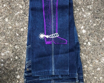 1980s Vintage Denim Jeans: Cowboy Boot Embroidery, Contrast Stitch