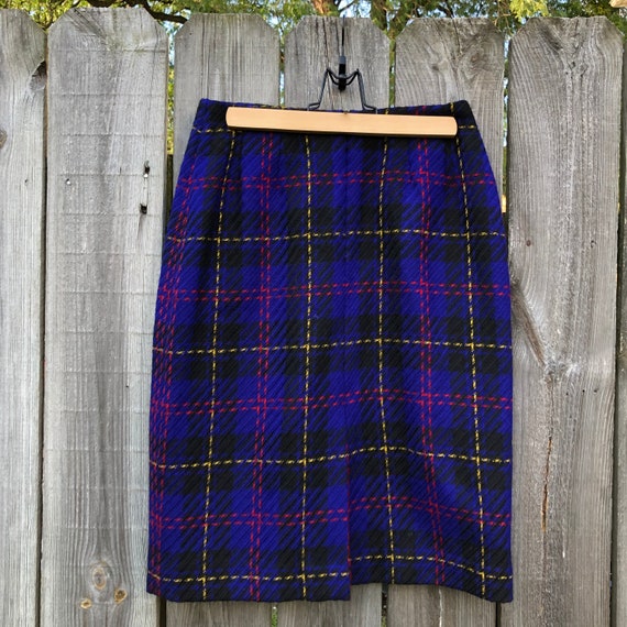 90s vintage wool lined plaid pencil skirt. Bright… - image 2