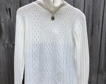 Deadstock cable knit chenille turtleneck sweater in white