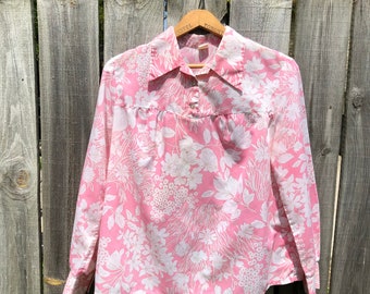 Vintage Floral Blouse: 1960s Bubblegum Pink Long Sleeve