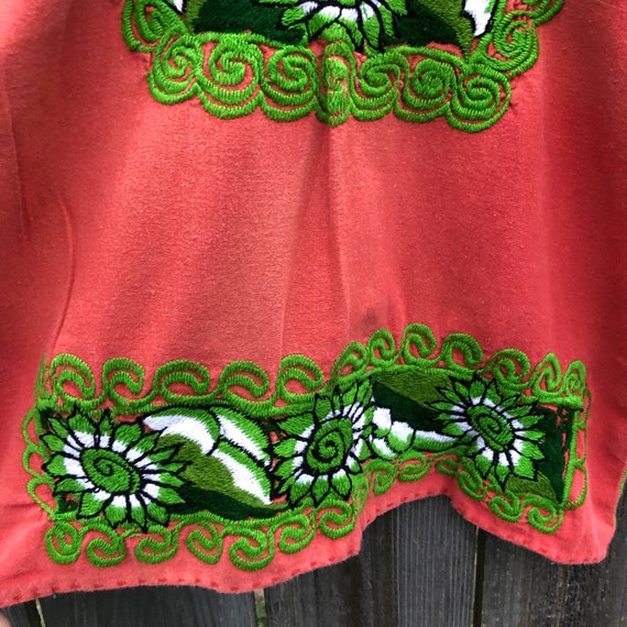 Vintage intricate green embroidery on rust orange… - image 5