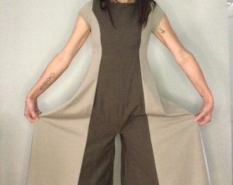 Handmade Vintage Palazzo Jumpsuit, Two-Tone Beige Taupe, Statement Piece