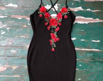 Y2K rose appliqué mini body con dress. Free shipping.