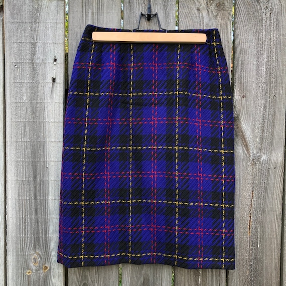 90s vintage wool lined plaid pencil skirt. Bright… - image 1