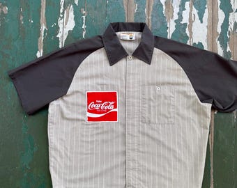 Vintage 1960s-70s Coke patched striped work shirt, boxy fit, Large