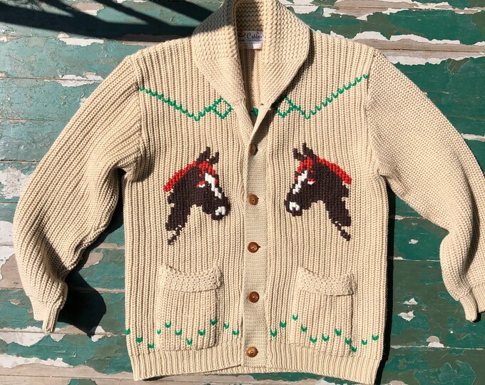 1960s Vintage Cowichan Horse Knit Cardigan. Flawless. Shawl Collar. by
