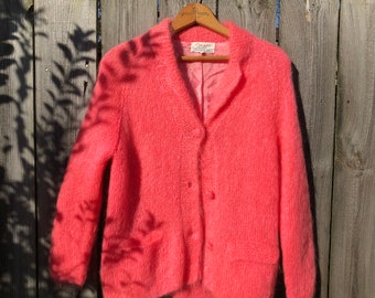 Vintage 1950s hot pink mohair/wool lined cardigan