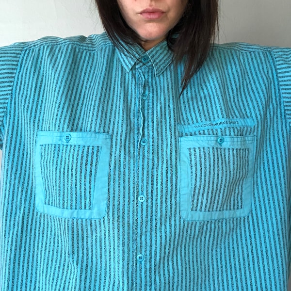 1990s vintage striped surf button down shirt sleeve top in 2X Tall