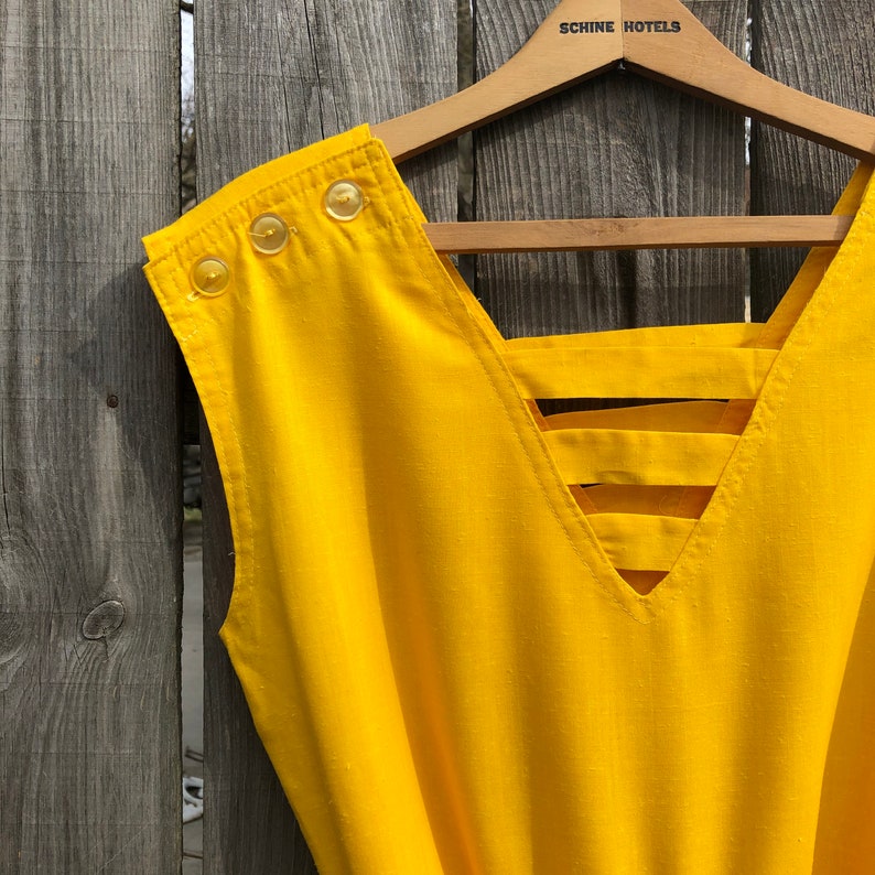 Vintage and handmade cottonlinen bright yellow jumpsuit with cool geometric neckline free shipping