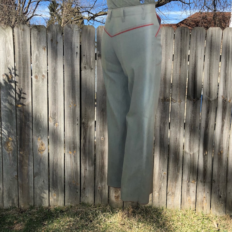 Vintage 1970s Maverick bell bottoms, light wash blue jeans with red piping. Free shipping image 5