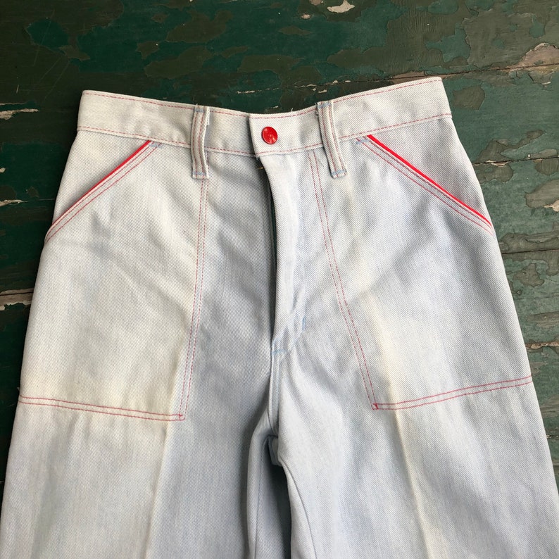 Vintage 1970s Maverick bell bottoms, light wash blue jeans with red piping. Free shipping image 8