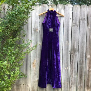 Amazing vintage purple velvet halter dress with silver glam piece. Free shipping