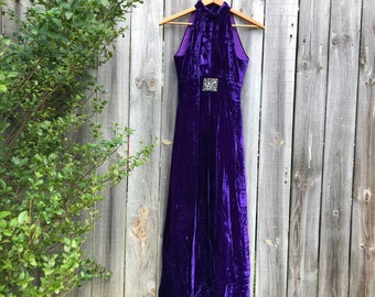 Vintage Purple Velvet Halter Dress with Silver Glam Piece