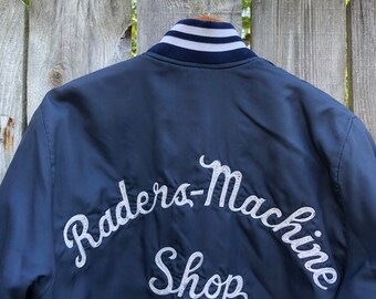 Vintage Chain Stitch Embroidery Raders Machine Shop Bomber Jacket 