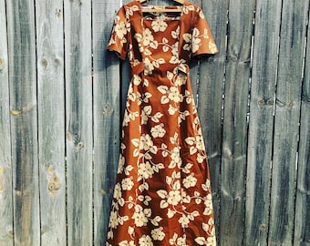 Vintage Hawaiian Maxi Dress, Floral Flutter Sleeve Gown, Made by Malia