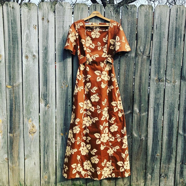 Vintage “Made by Malia” brown Hawaiian maxi dress with flutter sleeves, free shipping