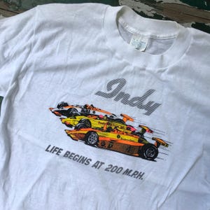 vintage 1980s Indy 500 racing tee with neon graphics