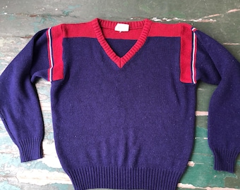 vintage 1970s-1980s v neck sweater, varsity tennis style