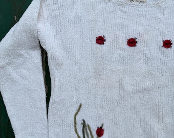 Vintage katoenen handgeborduurde witte trui met lieveheersbeestje uit de jaren 90